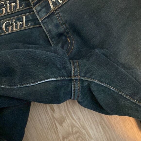 Rare Y2K Flare Jeans Sz 28 "WORKing Girl" Embroidered Statement Denim - Picture 14 of 14